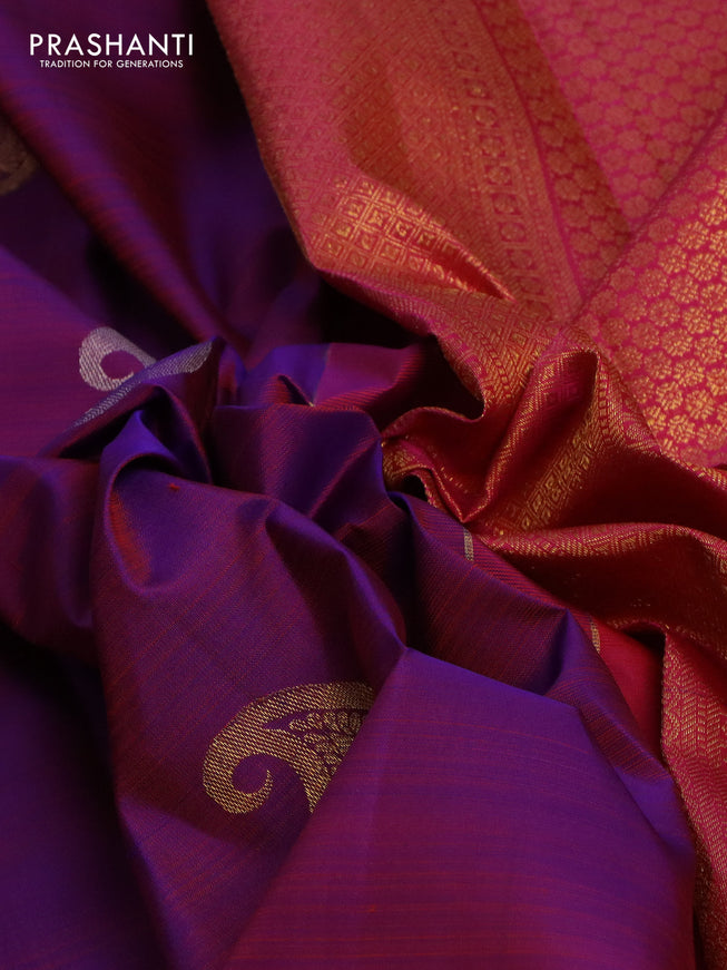 Pure kanchipuram silk saree purple and pink with silver & gold zari woven paisley buttas and zari woven butta border