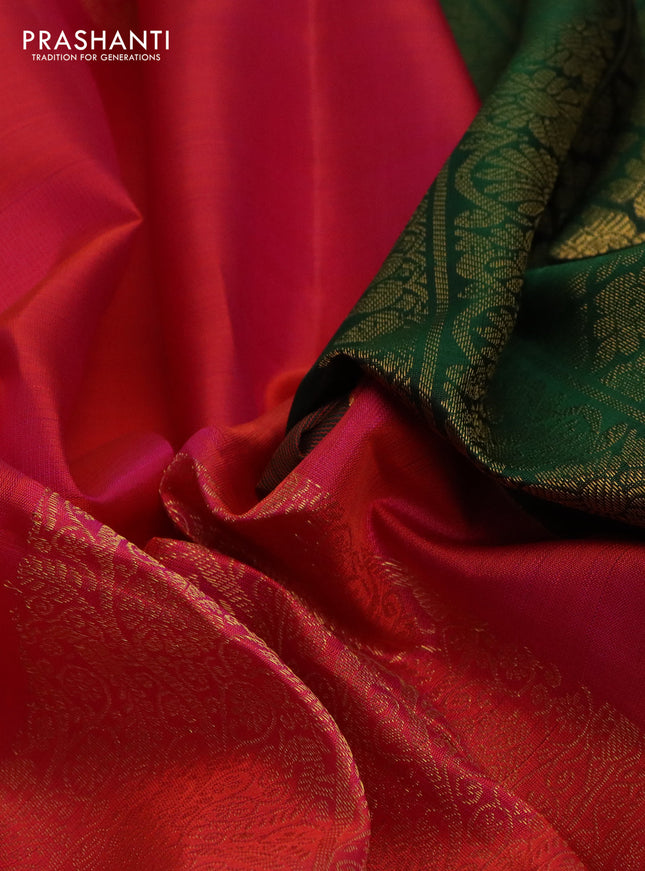 Pure kanchipuram silk saree dual shade of pinkish orange and green with half & half style and long zari woven border