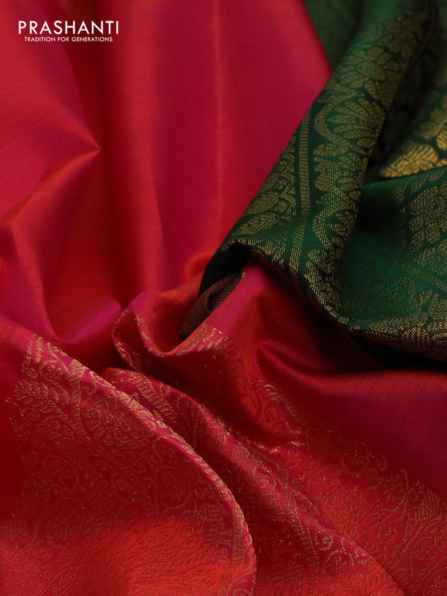 Pure kanchipuram silk saree dual shade of pinkish orange and green with half & half style and long zari woven border