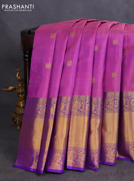 Pure kanchipuram silk saree mild purple and blue with zari woven buttas and long rich zari woven border