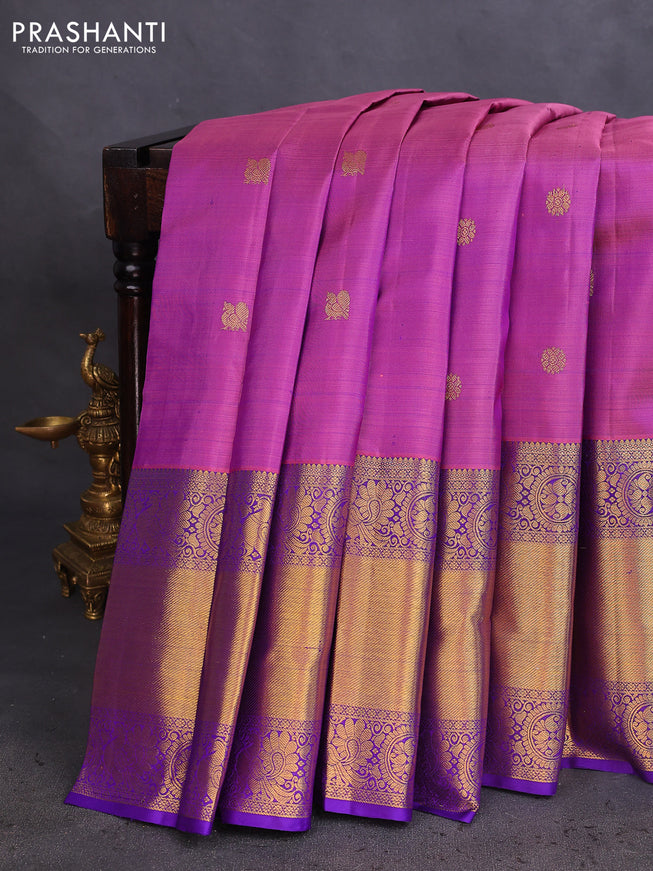 Pure kanchipuram silk saree mild purple and blue with zari woven buttas and long rich zari woven border