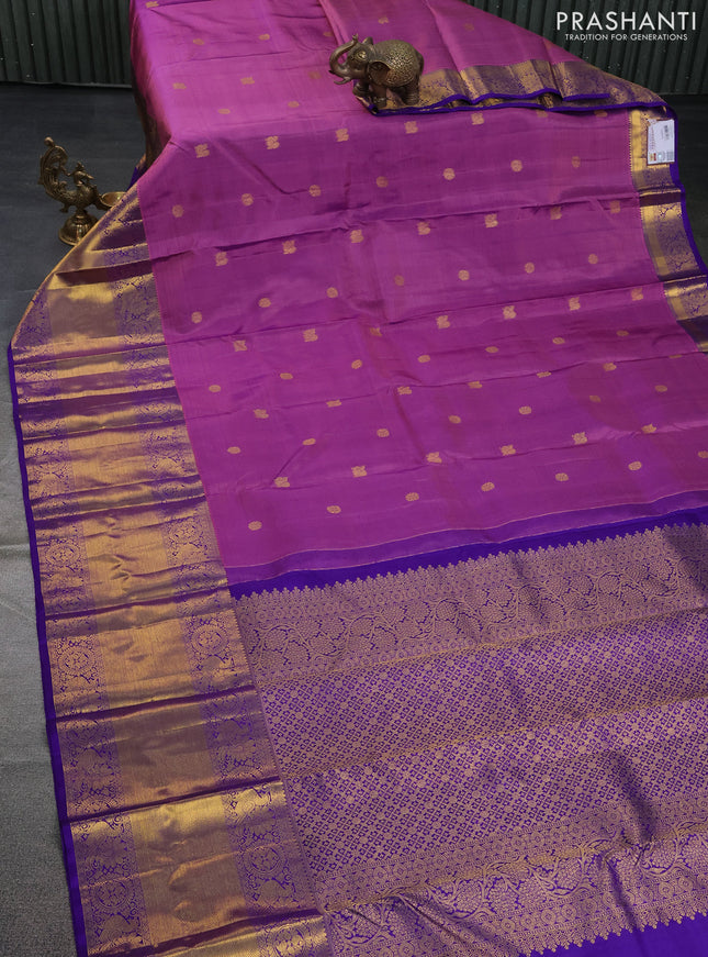 Pure kanchipuram silk saree mild purple and blue with zari woven buttas and long rich zari woven border