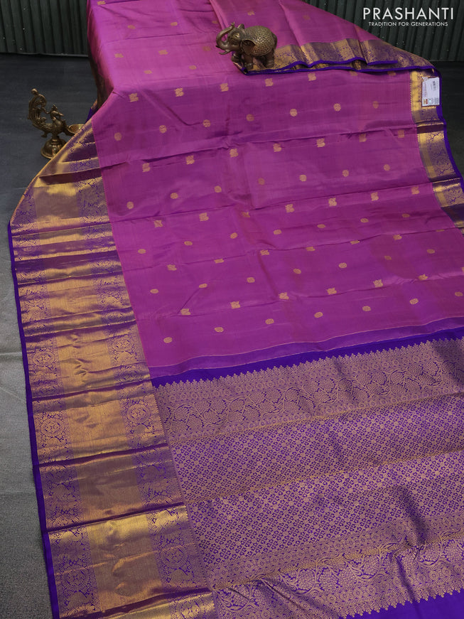 Pure kanchipuram silk saree mild purple and blue with zari woven buttas and long rich zari woven border