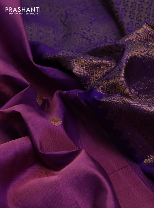 Pure kanchipuram silk saree mild purple and blue with zari woven buttas and long rich zari woven border
