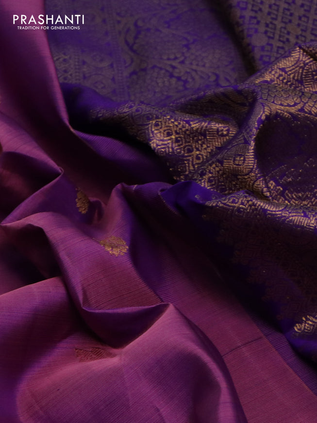 Pure kanchipuram silk saree mild purple and blue with zari woven buttas and long rich zari woven border