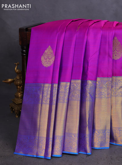 Pure kanchipuram silk saree purple and cs blue with zari woven buttas and long zari woven border