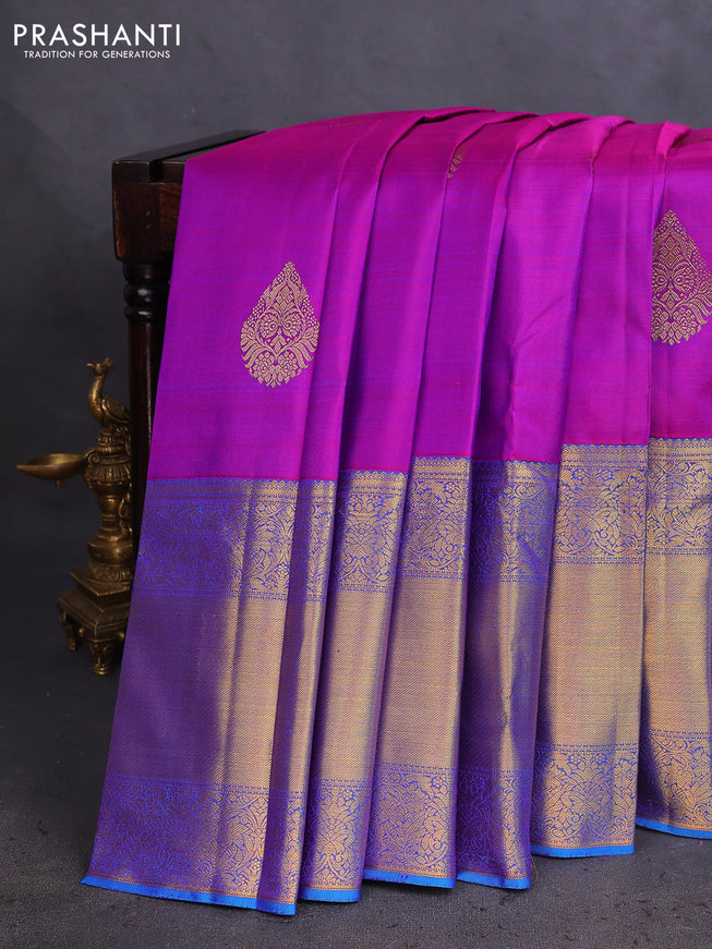 Pure kanchipuram silk saree purple and cs blue with zari woven buttas and long zari woven border