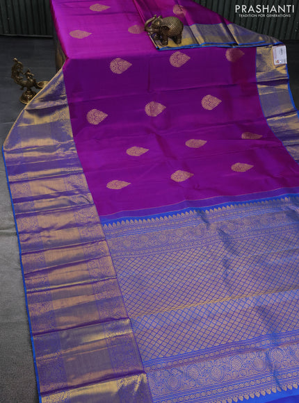 Pure kanchipuram silk saree purple and cs blue with zari woven buttas and long zari woven border