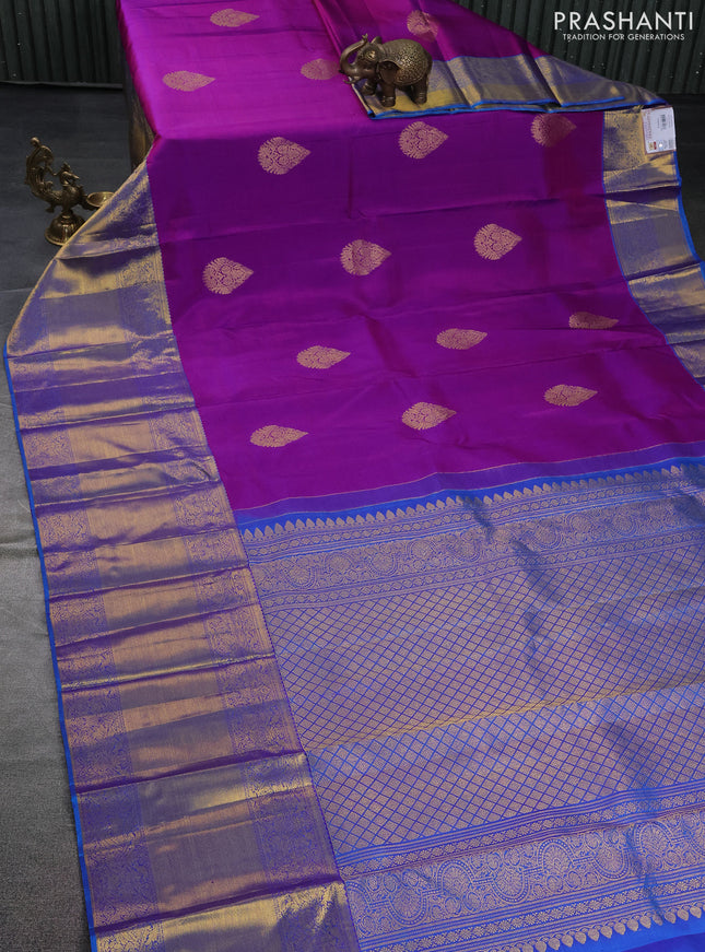 Pure kanchipuram silk saree purple and cs blue with zari woven buttas and long zari woven border