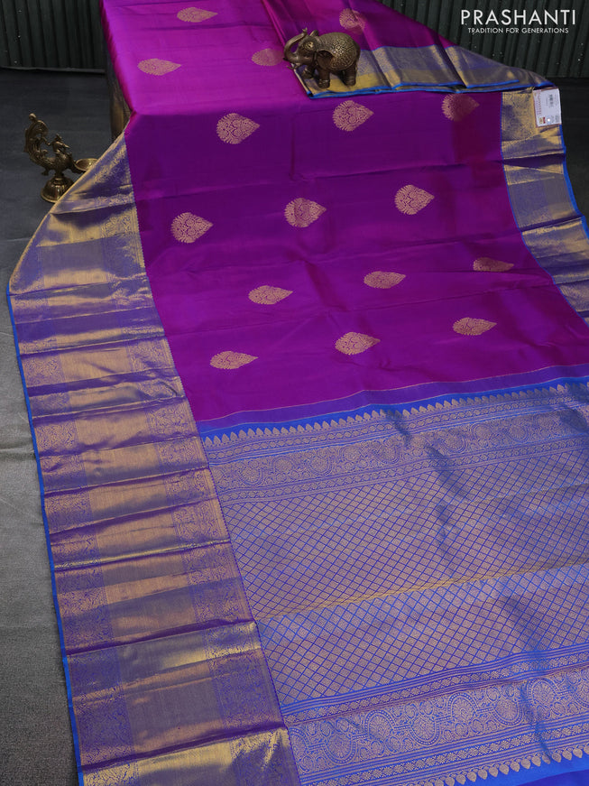Pure kanchipuram silk saree purple and cs blue with zari woven buttas and long zari woven border