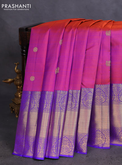 Pure kanchipuram silk saree dual shade of maroon and blue with annam & rudhraksha zari woven buttas and long zari woven border