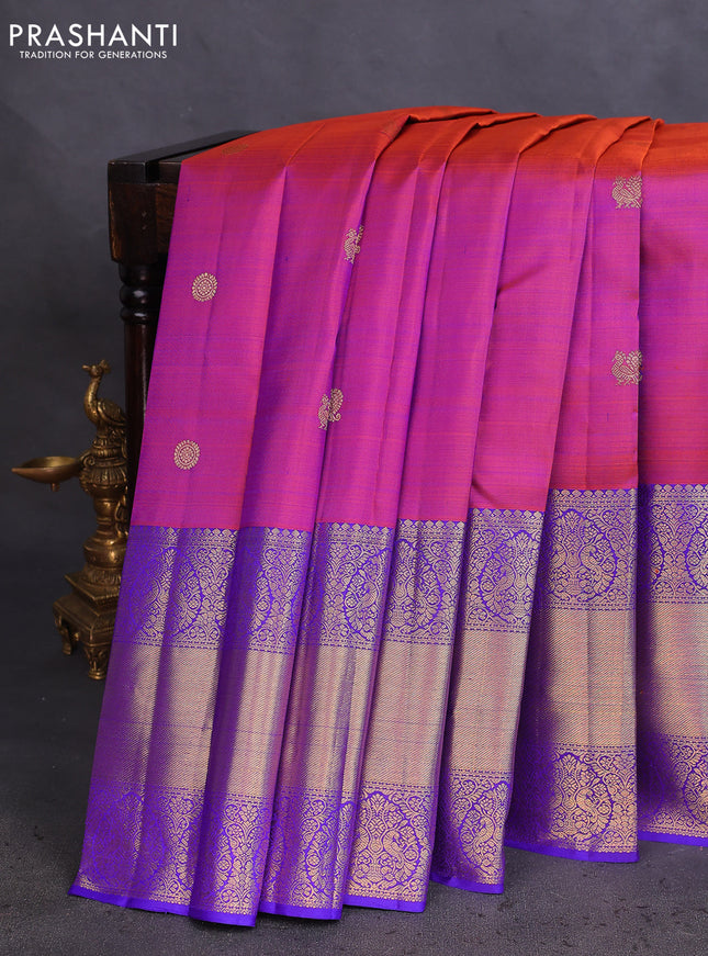 Pure kanchipuram silk saree dual shade of maroon and blue with annam & rudhraksha zari woven buttas and long zari woven border