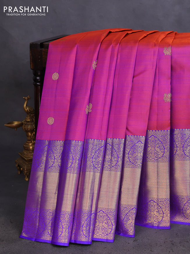 Pure kanchipuram silk saree dual shade of maroon and blue with annam & rudhraksha zari woven buttas and long zari woven border