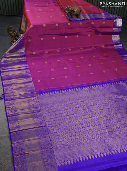 Pure kanchipuram silk saree dual shade of maroon and blue with annam & rudhraksha zari woven buttas and long zari woven border