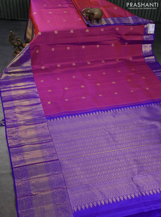 Pure kanchipuram silk saree dual shade of maroon and blue with annam & rudhraksha zari woven buttas and long zari woven border