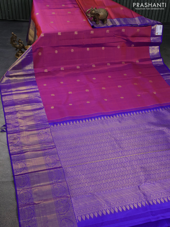 Pure kanchipuram silk saree dual shade of maroon and blue with annam & rudhraksha zari woven buttas and long zari woven border