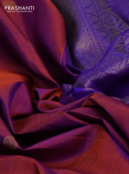 Pure kanchipuram silk saree dual shade of maroon and blue with annam & rudhraksha zari woven buttas and long zari woven border