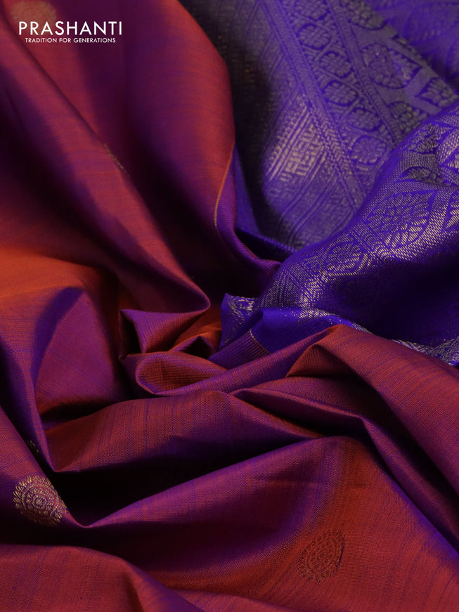 Pure kanchipuram silk saree dual shade of maroon and blue with annam & rudhraksha zari woven buttas and long zari woven border