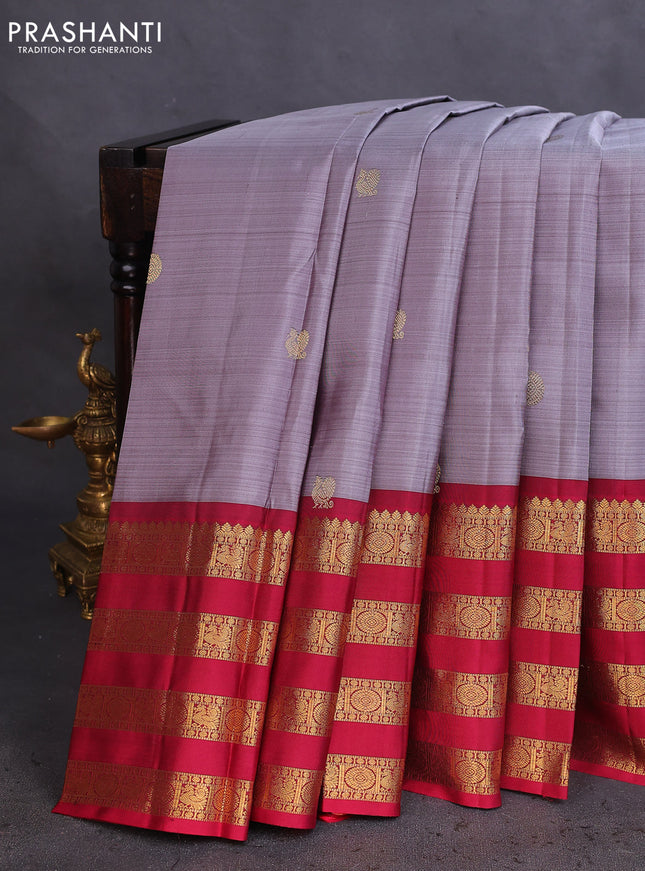 Pure kanchipuram silk saree grey and dark pink with zari woven annam buttas and long zari woven border