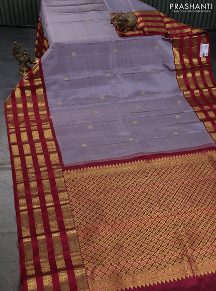 Pure kanchipuram silk saree grey and dark pink with zari woven annam buttas and long zari woven border