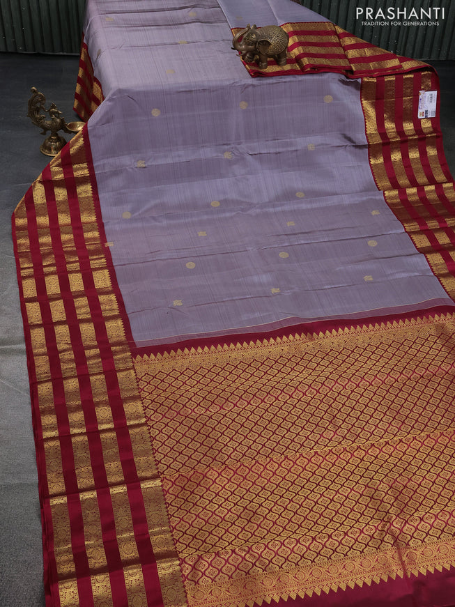 Pure kanchipuram silk saree grey and dark pink with zari woven annam buttas and long zari woven border