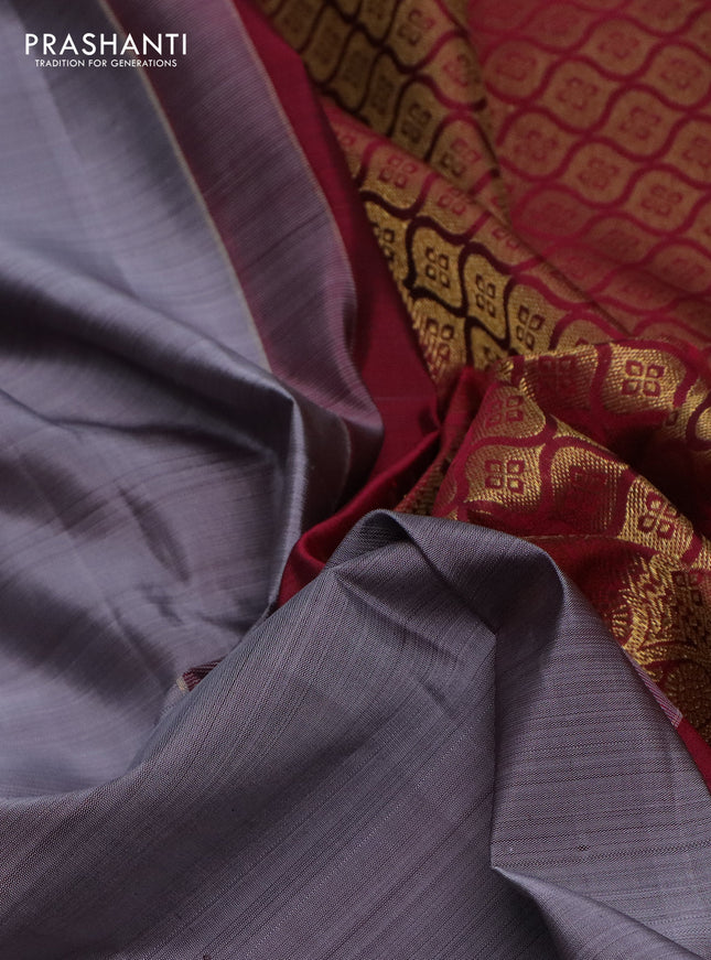 Pure kanchipuram silk saree grey and dark pink with zari woven annam buttas and long zari woven border