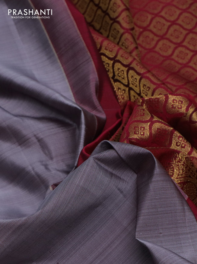 Pure kanchipuram silk saree grey and dark pink with zari woven annam buttas and long zari woven border