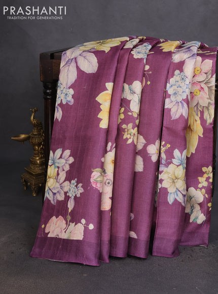 Pure tussar silk saree purple shade with allover floral digital prints in borderless style