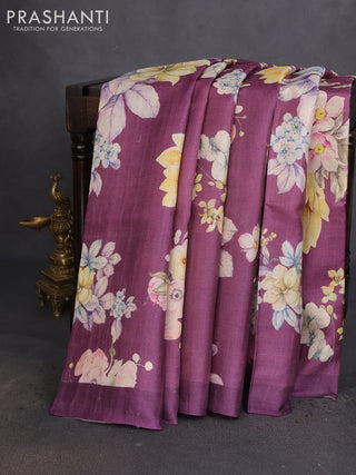Pure tussar silk saree purple shade with allover floral digital prints in borderless style