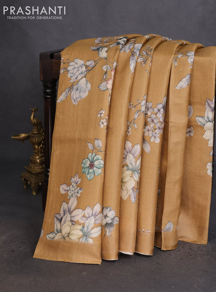 Pure tussar silk saree sandal with allover floral digital prints in borderless style