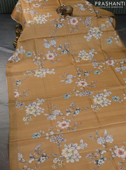 Pure tussar silk saree sandal with allover floral digital prints in borderless style