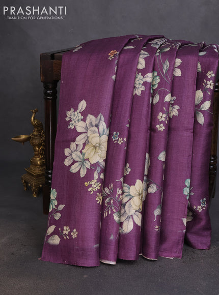 Pure tussar silk saree purple shade with allover floral digital prints in borderless style