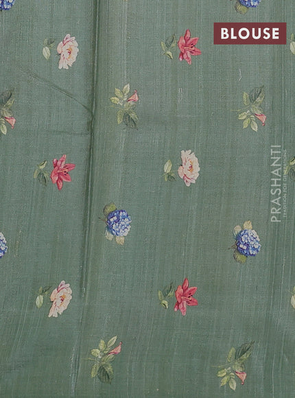 Pure tussar silk saree pastel green with allover floral digital prints in borderless style