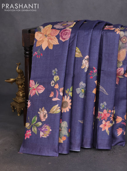 Pure tussar silk saree dark blue with allover floral digital prints in borderless style