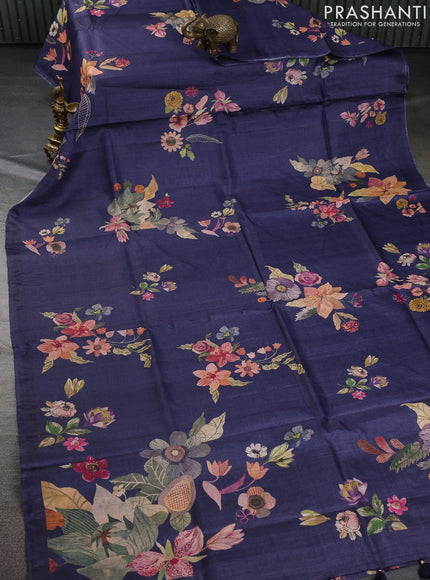 Pure tussar silk saree dark blue with allover floral digital prints in borderless style