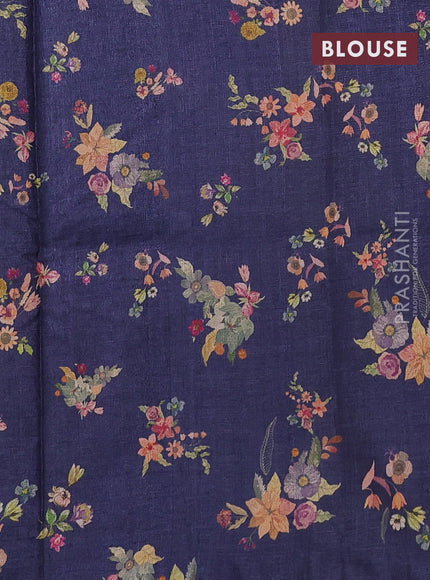 Pure tussar silk saree dark blue with allover floral digital prints in borderless style