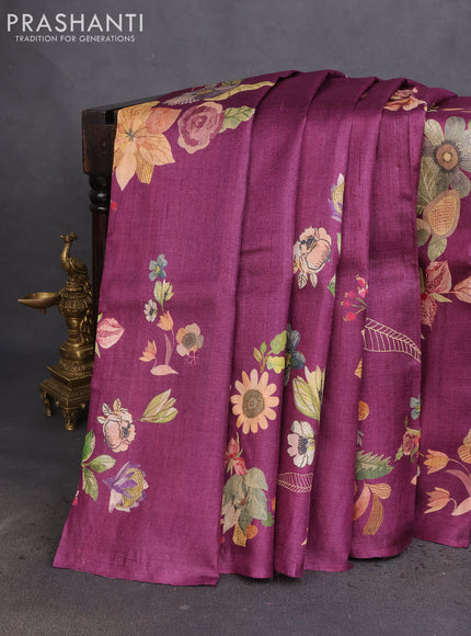Pure tussar silk saree purple with allover floral digital prints in borderless style