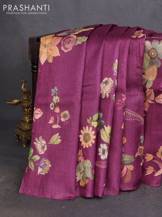Pure tussar silk saree purple with allover floral digital prints in borderless style