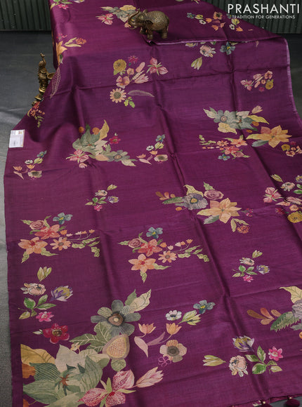 Pure tussar silk saree purple with allover floral digital prints in borderless style