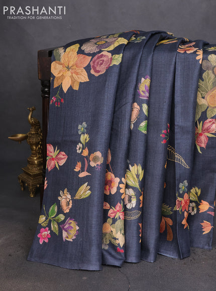 Pure tussar silk saree elephant grey with allover floral digital prints in borderless style