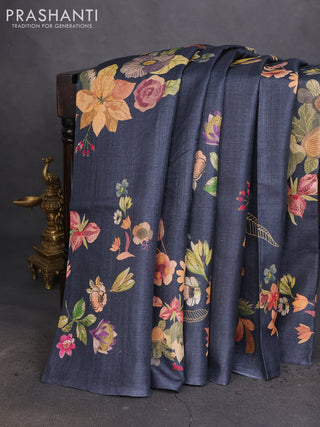 Pure tussar silk saree elephant grey with allover floral digital prints in borderless style