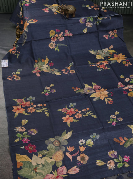 Pure tussar silk saree elephant grey with allover floral digital prints in borderless style