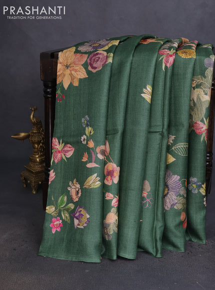 Pure tussar silk saree green with floral digital prints in borderless style