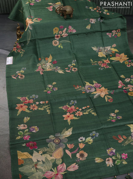 Pure tussar silk saree green with floral digital prints in borderless style