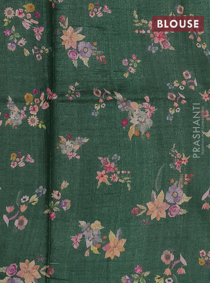 Pure tussar silk saree green with floral digital prints in borderless style
