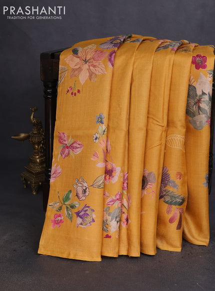Pure tussar silk saree mango yellow with floral digital prints in borderless style