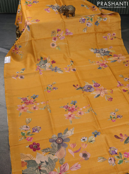 Pure tussar silk saree mango yellow with floral digital prints in borderless style