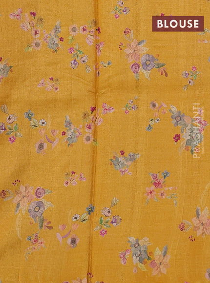 Pure tussar silk saree mango yellow with floral digital prints in borderless style