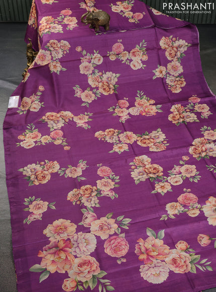 Pure tussar silk saree purple with floral digital prints in borderless style