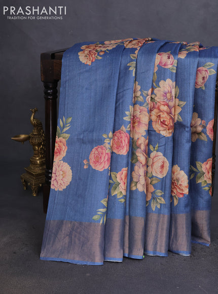 Pure tussar silk saree blue shade with floral digital prints and zari woven border